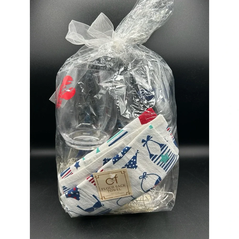 Nautical Summer Cheer Gift Set C&F Flour Sack Towel & 4 Acrylic Tumblers Lobster